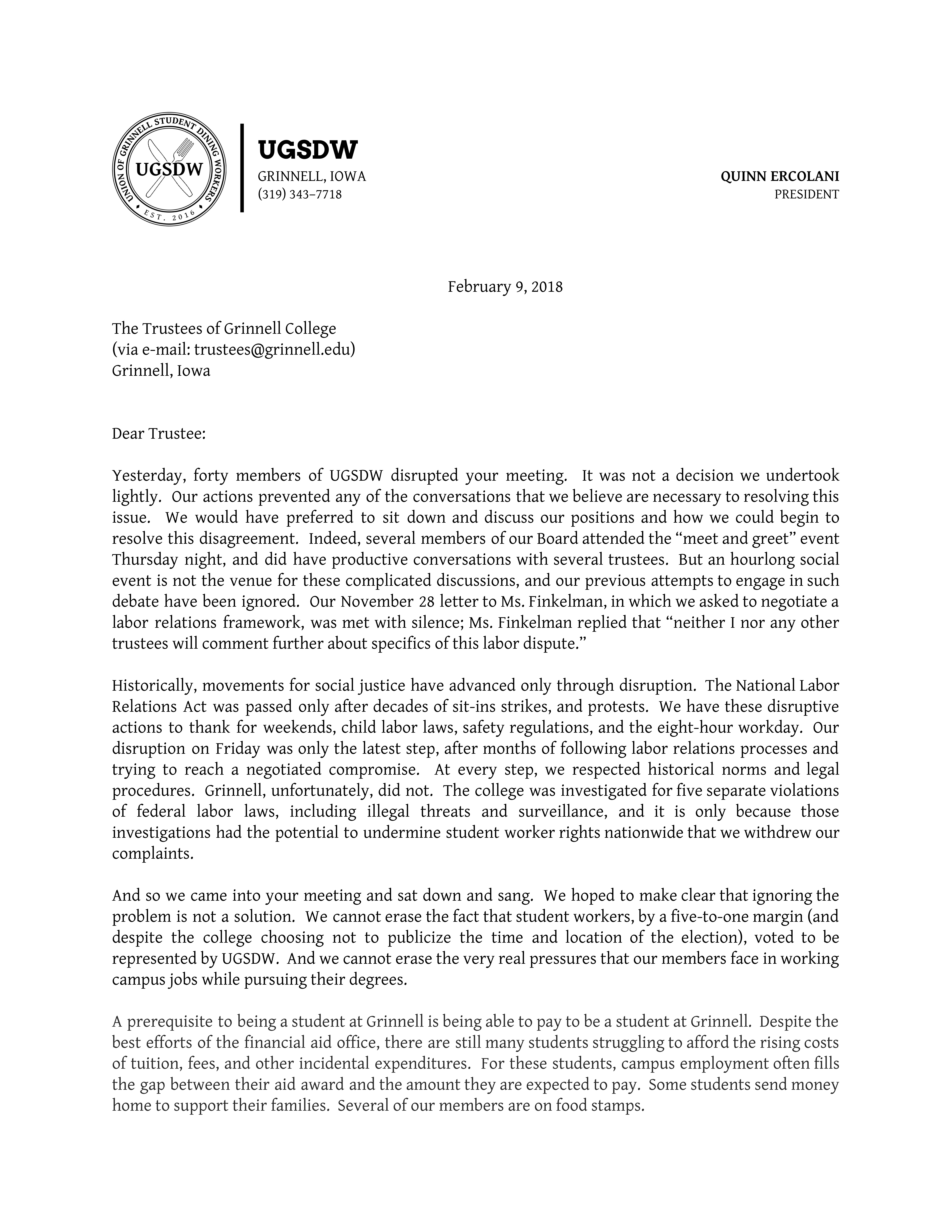 Letter sent to Grinnell's Board of Trustees